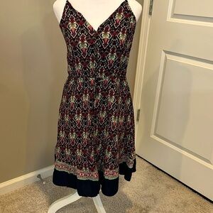 Pretty Garden SZM skinny strap lightweight navy print dress. Bottom is lined